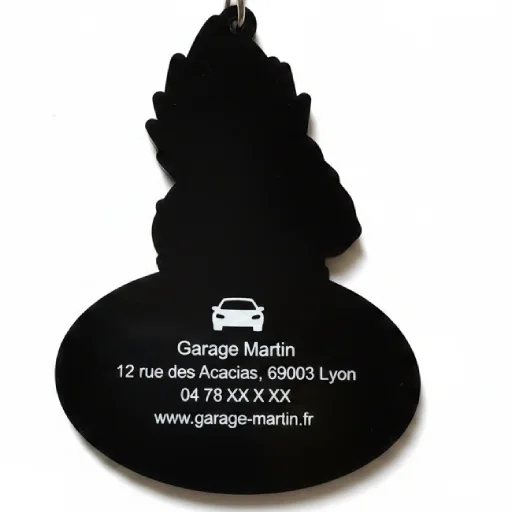 Dos porte-clés PVC 3D personnalisé avec impression texte blanc : nom, adresse et téléphone entreprise